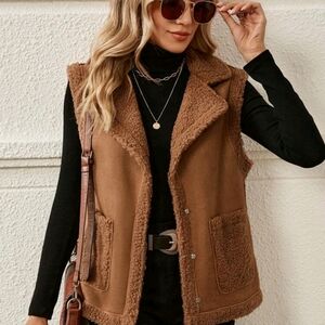 Women's Corduroy Collared Patchwork Suede Vest Jacket With Side Pocke